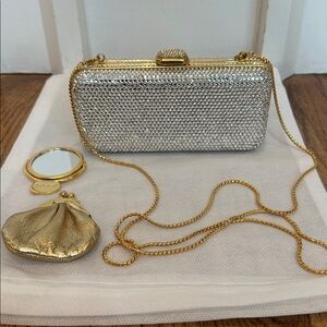 Judith Leiber Small Gold Crystal Push Lock Minaudiere Bag/Clutch